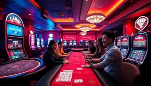 Exciting casino gaming experience showcasing fly88 com with players at tables, vibrant colors, and neon lights.