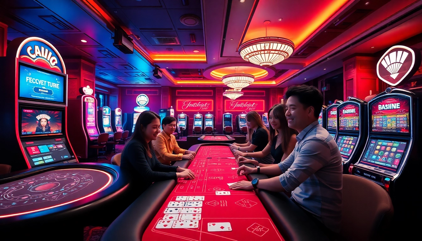 Exciting casino gaming experience showcasing fly88 com with players at tables, vibrant colors, and neon lights.