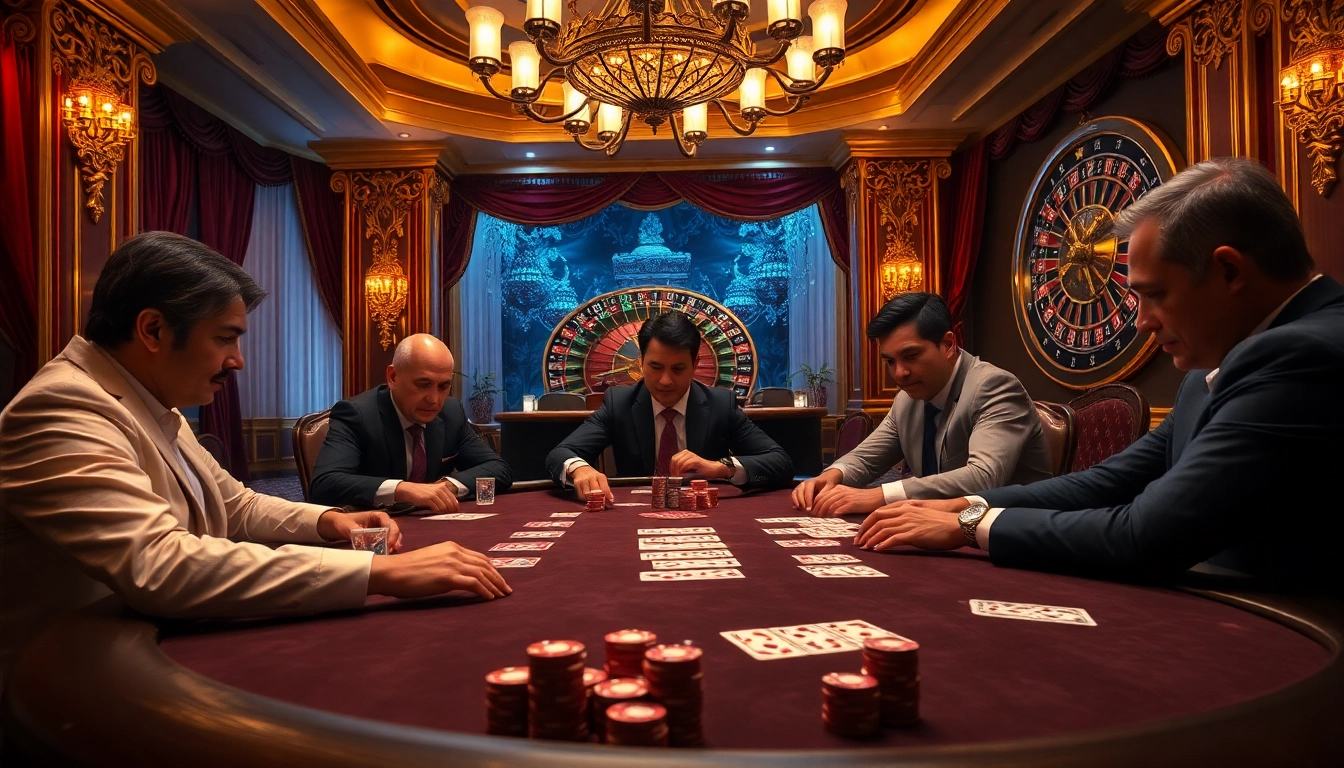 Players engaging in an exciting poker game at a luxurious venue, highlighting s88 vip atmosphere with vibrant chips and cards.