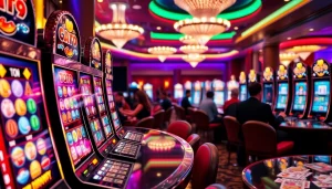 Pemain berinteraksi dengan mesin Toto Slot yang seru dalam suasana kasino mewah.