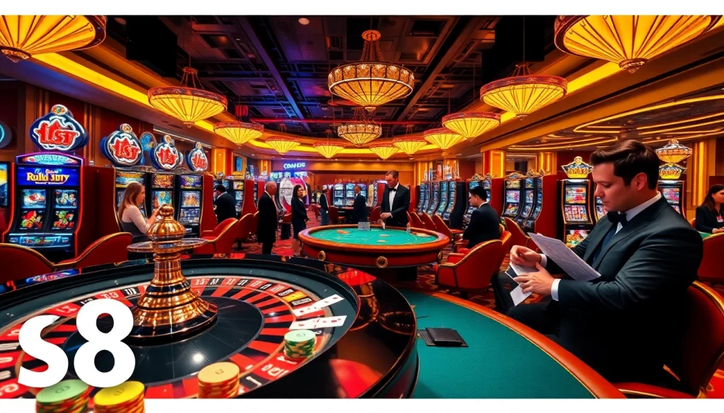 Players enjoying intense casino games with s8-themed poker chips and vibrant slot machines.
