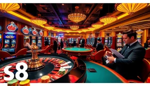 Players enjoying intense casino games with s8-themed poker chips and vibrant slot machines.