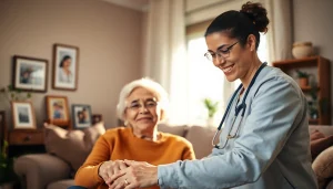 Engaging austin senior home care experience with a caregiver assisting an elderly client in a warm setting.