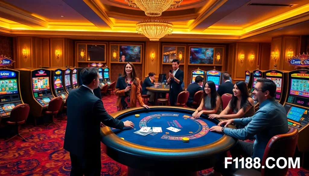 Players enjoy a thrilling game at F168.COM's luxurious casino environment with vibrant slot machines.