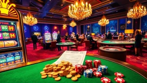 Slot Gacor excitement at a luxury casino with vibrant players and busy tables.