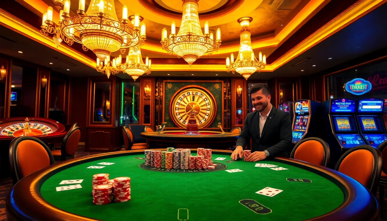 Experience the excitement of 188bet with a luxurious casino scene featuring poker and roulette.