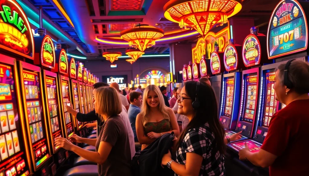 Exciting scene of diverse players enjoying the thrill of slot hoki games in a vibrant casino environment.