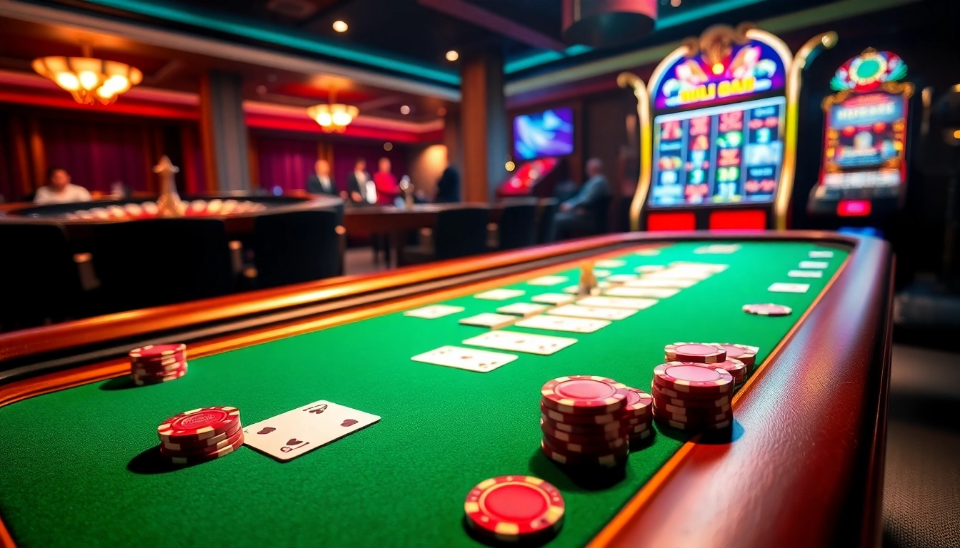 Experience thrilling bets at 12bet's luxurious casino with poker tables, chips, and a vibrant atmosphere.
