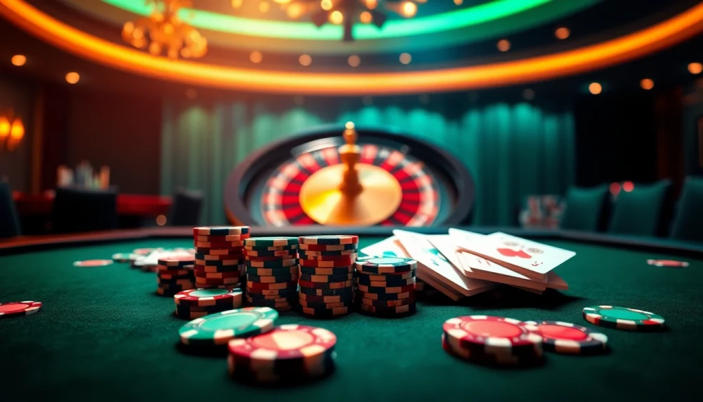 An enticing poker scene at Nhà cái F8BET featuring cards and colorful betting chips, capturing the excitement of casino gaming.