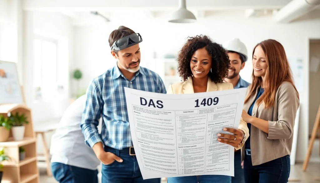 DAS 140 form review among contractors in a collaborative office setting.