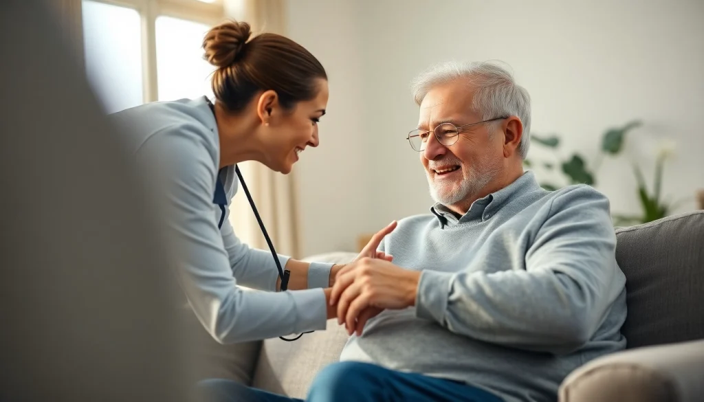 Providing compassionate austin senior home care services with a caregiver assisting an elderly man.