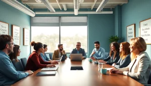 Engaged team during a business coaching service session in a bright, modern office.