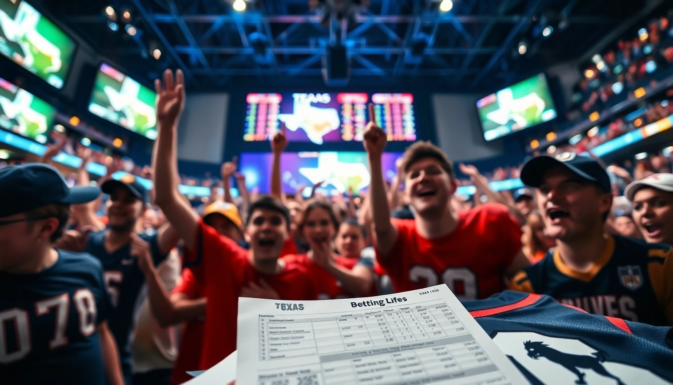 Exciting sports betting Texas scene with fans and vibrant team colors in a stadium atmosphere.