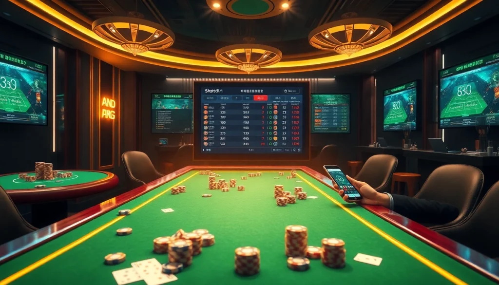 Gamblers tracking live scores on 7m.cn while enjoying a vibrant casino atmosphere with poker chips and cards.