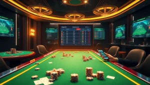 Gamblers tracking live scores on 7m.cn while enjoying a vibrant casino atmosphere with poker chips and cards.