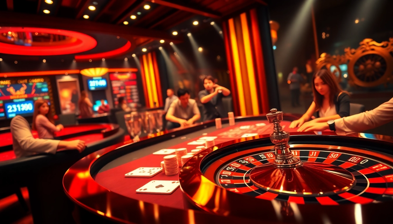 Thrilling gameplay scene at XX88 casino featuring vibrant gaming table with cards and roulette wheel.
