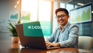 BOX138 showcases financial success with a happy businessperson celebrating a withdrawal of Rp 2.424.000,00.