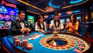 Fun88 casino table with vibrant poker chips and cards in an engaging gaming scene
