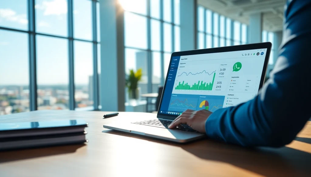 What is a CRM for WhatsApp being used by a business professional in a modern office.