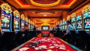 Experience the excitement of Situs Slot Terpercaya with players enjoying high-stakes slot machines in a vibrant casino atmosphere.