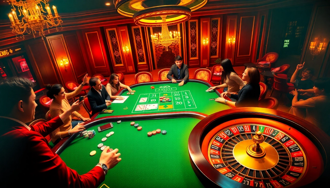 Babu88 gaming excitement at a high-stakes poker table with luxury decor and poker chips.