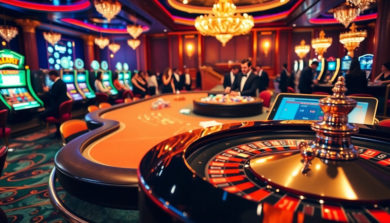 Gamblers enjoying strategic play at thabet's vibrant casino games, featuring colorful tables and glamorous ambiance.