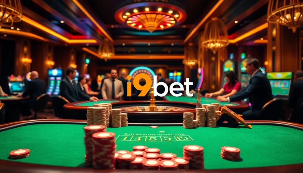 Players enjoying diverse games at i9bet casino, surrounded by vibrant tables and slot machines.