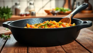 Cooking with cast iron cookware NZ in a rustic kitchen featuring vibrant vegetables and warm lighting.
