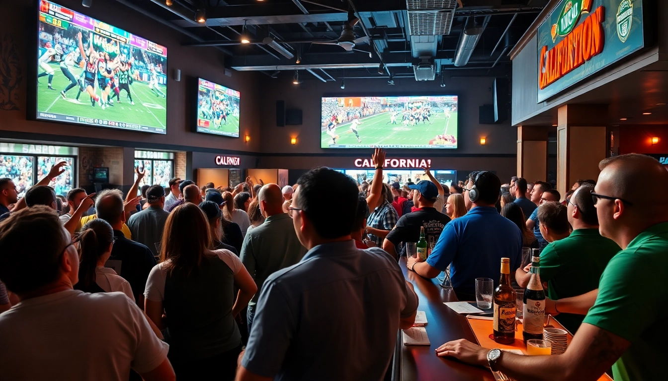 Engaging sports betting California scene in a lively bar with enthusiastic fans.