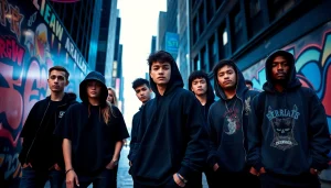 RageOff style urban fashion scene featuring diverse young adults in trendy oversized clothing and accessories.