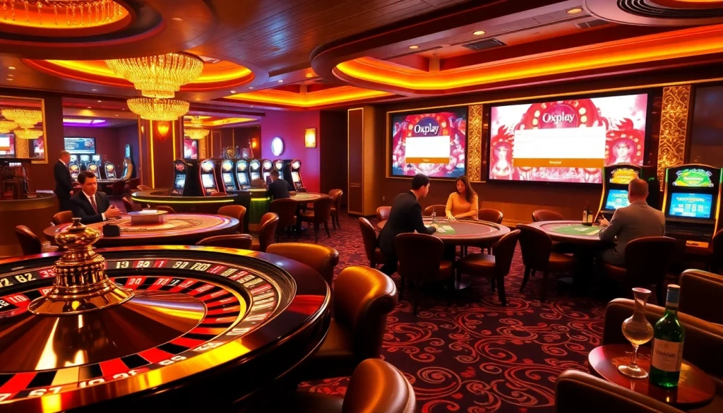 Experience the excitement of oxplay login with a luxurious casino environment featuring roulette wheels and slot machines.