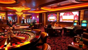 Experience the excitement of oxplay login with a luxurious casino environment featuring roulette wheels and slot machines.