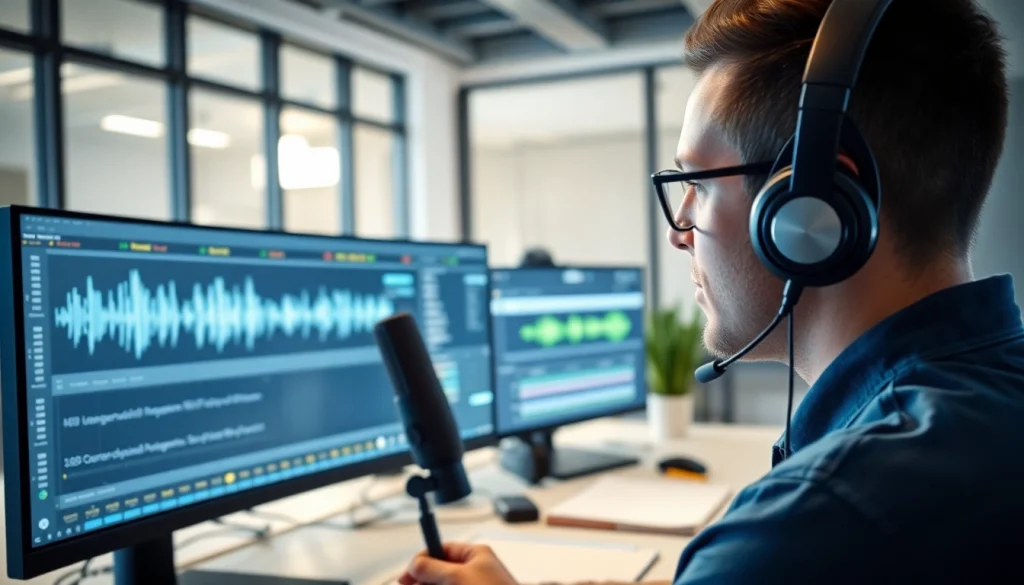 Generate realistic audio using AI Voice technology in a modern office setting.