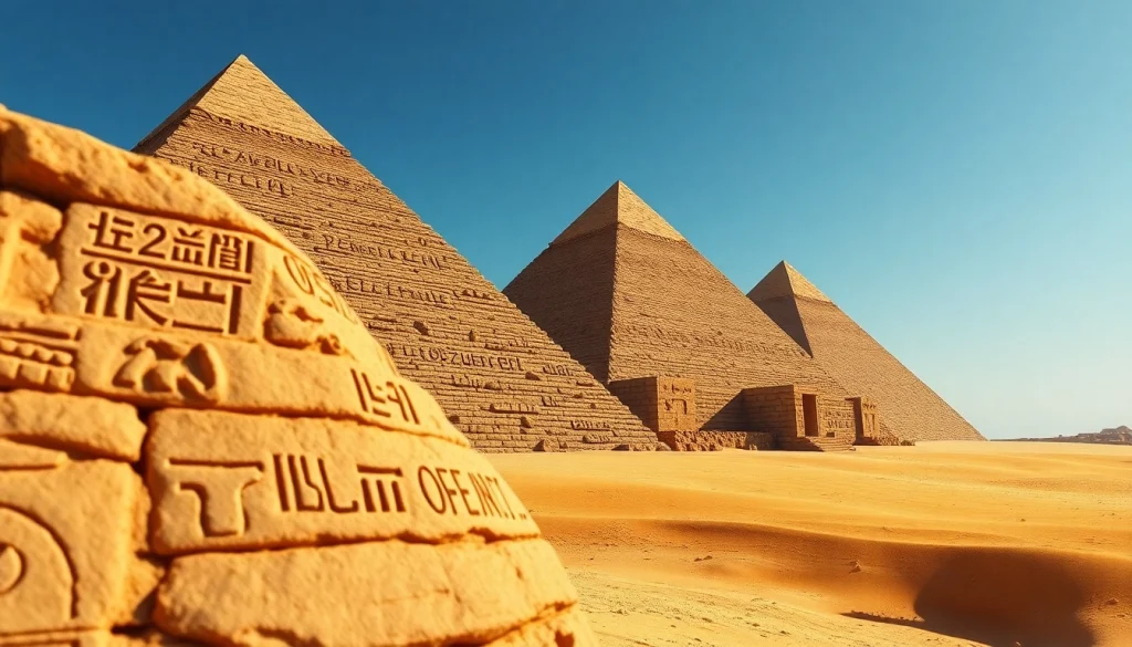 Pyramids of Giza standing tall against the clear blue sky showcasing ancient architecture