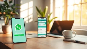 GB WhatsApp interface on a smartphone in a modern workspace, showcasing its unique features.