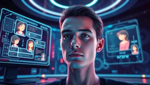 Engaging interface of character AI NSFW model with user interaction in a futuristic setting.