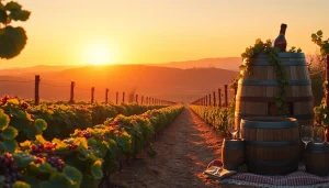 Discover Clarksburg wineries through picturesque vineyards and inviting picnic setups at sunset.
