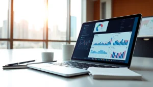 Find competitor customer list by analyzing data on a laptop in a modern office.