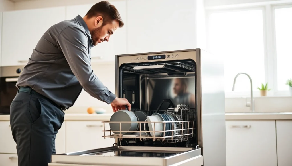 Expert technician conducting BOSCH dishwasher repair in a bright, modern kitchen.