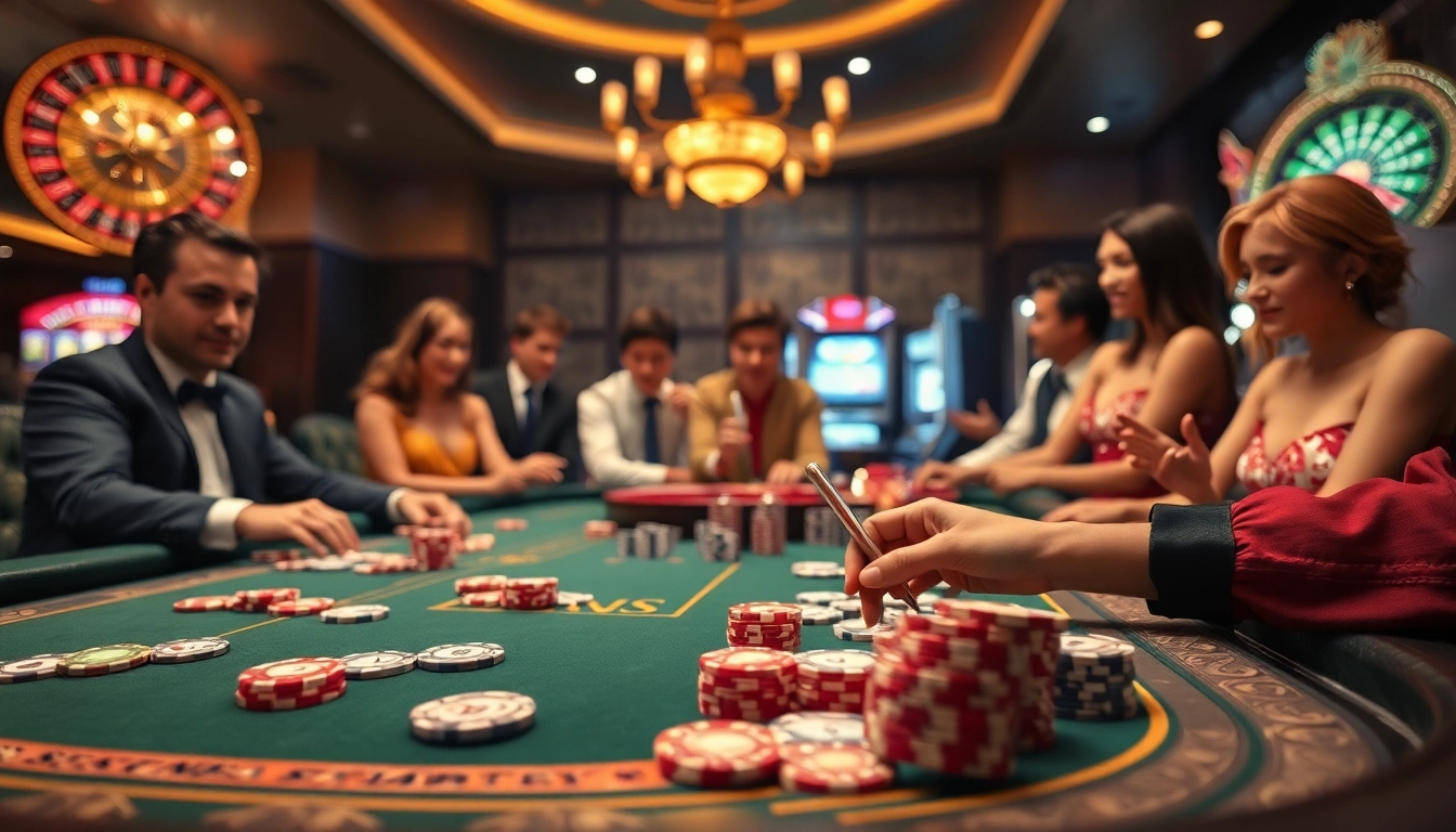 Players enjoying a high-stakes poker game at RR88 casino, surrounded by vibrant slot machines and roulette.