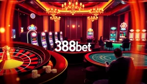 Experience thrilling gameplay with 388bet at an elegant casino table featuring poker chips and cards.