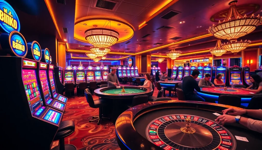 BK8 gaming area with vibrant slot machines and excited players enjoying casino action.