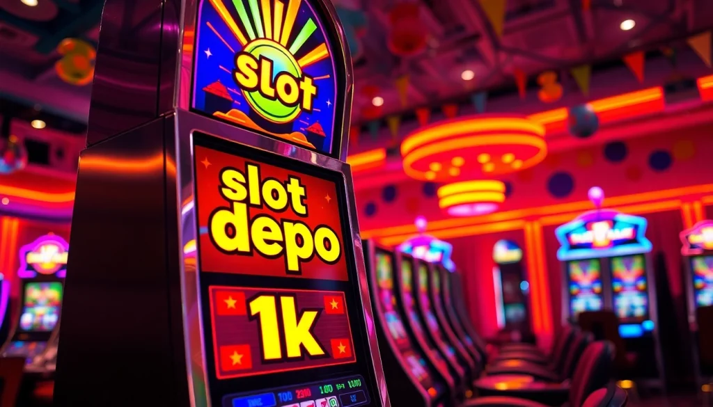 Menangkan peluang dengan slot depo 1k pada mesin slot berwarna-warni di ruang kasino yang penuh energi.
