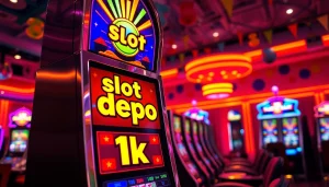 Menangkan peluang dengan slot depo 1k pada mesin slot berwarna-warni di ruang kasino yang penuh energi.
