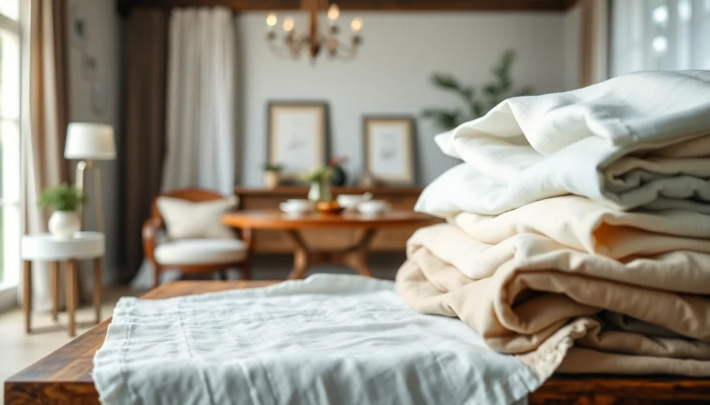 Hoogwaardige linnen stoffen perfect uitgestald in een elegante ruimte, weerspiegelend kwaliteit en stijl.