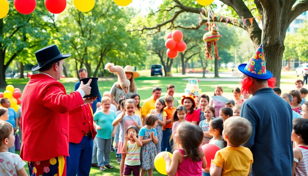Engaging birthday party entertainers captivating children and parents at a festive outdoor celebration.