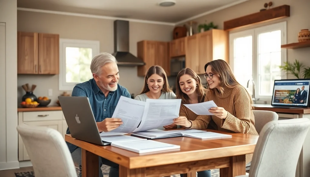 Family discussing auto and home protection plans while reviewing paperwork at their kitchen table.