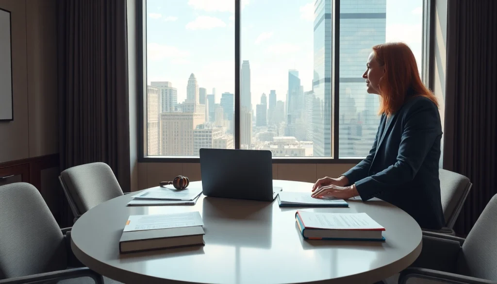 Engaging eminent domain lawyer advising a client in a professional office setting