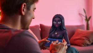 An engaging NSFW AI chat scene showing a user interacting with a friendly AI character in a cozy digital environment.
