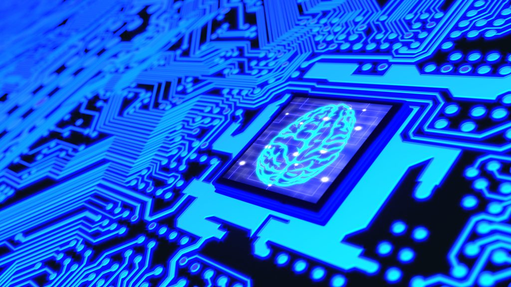 Blue glowing circuit board and a CPU with a brain symbol on top